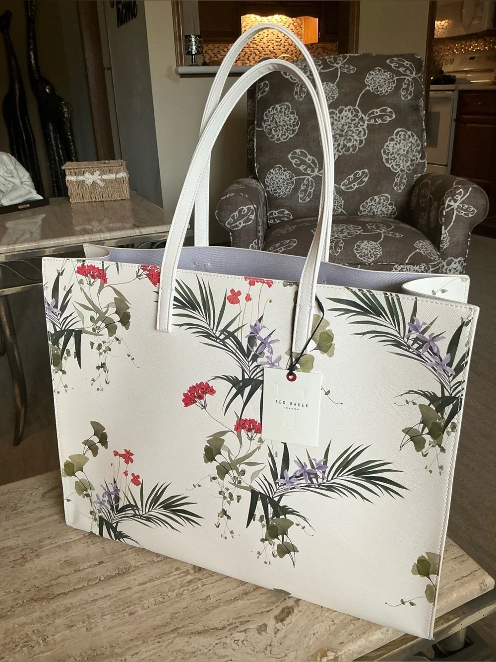 Ted Baker London Icon Tote Botanical Floral Shopper Shoulder Bag White Large